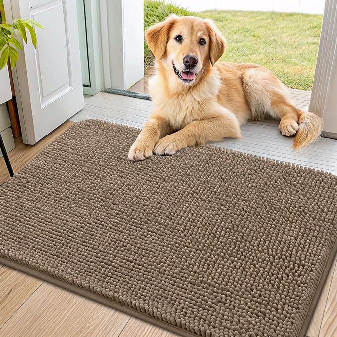 Smiry Dog Door Mat for Muddy Paws 40x24, Absorbent Dirt Trapper, Non-Slip Washable Chenille Entryway Rug for Inside Floor, Camel, Classic Solid