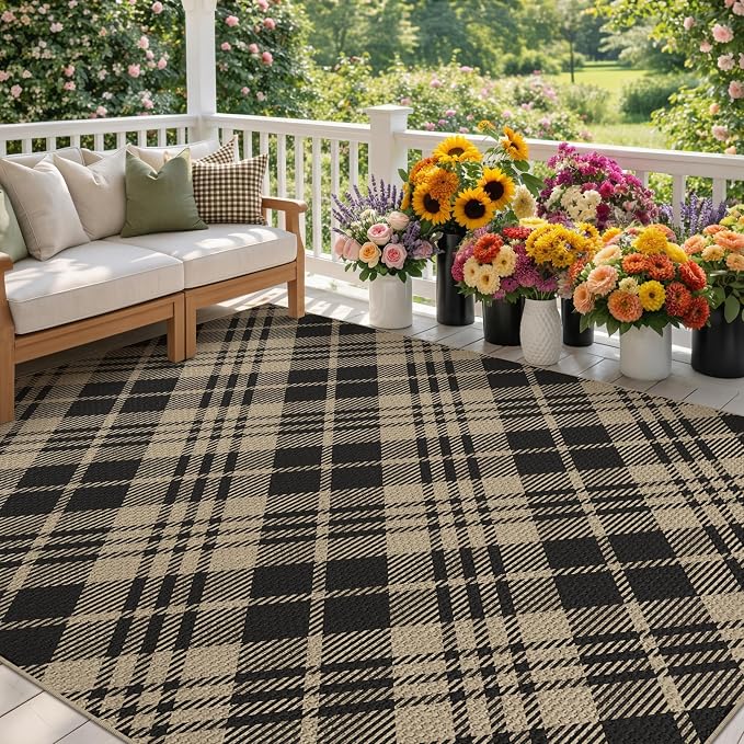 JTJ Vintage Easy Jute Rugs for Bedroom 5x7 - Diamond Patterned Woven Rug for Indoor Area, Living Room, Washable Low Pile Black and White Classic Decor