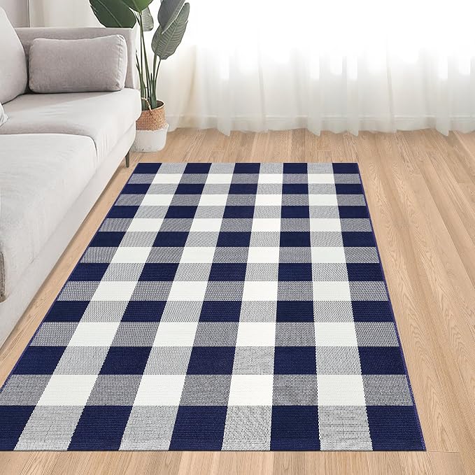 Buffalo Plaid Rug 3x5 Cotton Woven Buffalo Check Rug Navy and White Checkered Outdoor Rug Washable Indoor Outdoor Area Rug Layered Front Door Mats Carpet for Farmhouse Entryway Living Room Bedroom