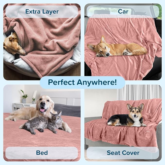 Waterproof Pet Blanket - 50x60-Inch Reversible Sherpa Fleece Throw Protects Couches, Cars, and Beds from Spills, Stains, and Fur by PETMAKER (Pink)