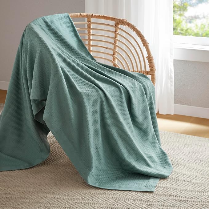 Madison Park 100% Egyptian Cotton Twin Size Bed Blanket for Summer Teal | Cozy Soft Breathable Durable, Waffle Weave Woven Casual, Lightweight Knit All Season Throw for Bed Couch or Sofa, OEKO TEX