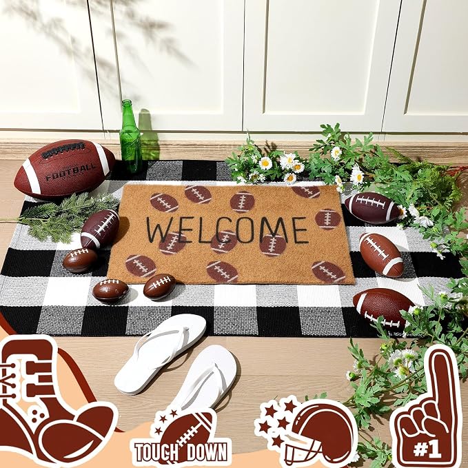 Moucuny 2 Pcs Football Coir Welcome Doormat Outdoor 16'' x 28' Football Coir Mats Layered 24'' x 35'' Black and White Plaid Rug for Front Door Porch Outdoor Entryway Decor