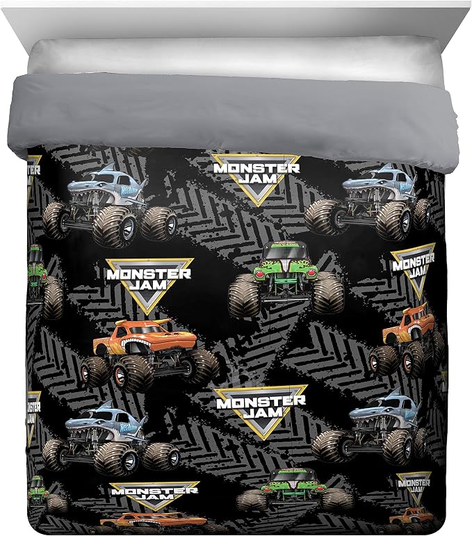 Jay Franco Monster Jam 5 Piece Queen Bed Set - Includes Comforter & Sheet Set - Grave Digger & Megalodon - Super Soft Fade Resistant Microfiber | Grave Digger Megalodon, Comforter Sheets Pillowcases, Official Product, Soft Microfiber, Machine Washable,...