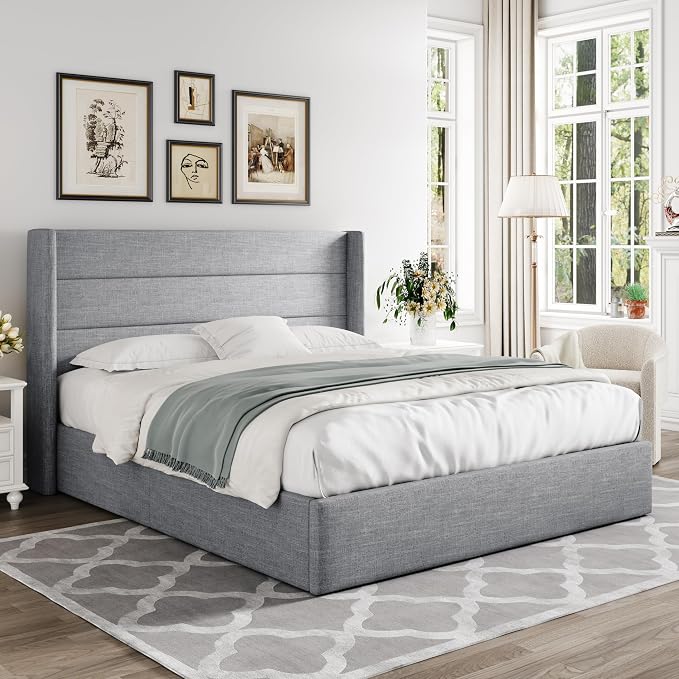 Allewie Full Size Lift Up Hydraulic Storage Bed Frame Light Grey | Modern Wingback Headboard, Hydraulic Support Storage, No Box Spring Needed