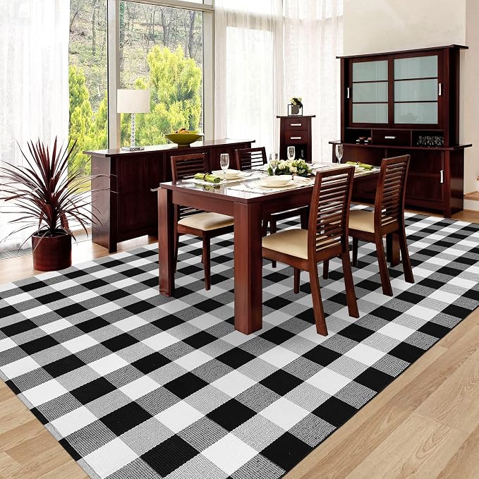 Buffalo Plaid Rug - 6x9 Feet, Black and White Checkered, Cotton Woven, Washable Indoor/Outdoor Area Rug for Living Room, Dining Room, Bedroom, Patio
