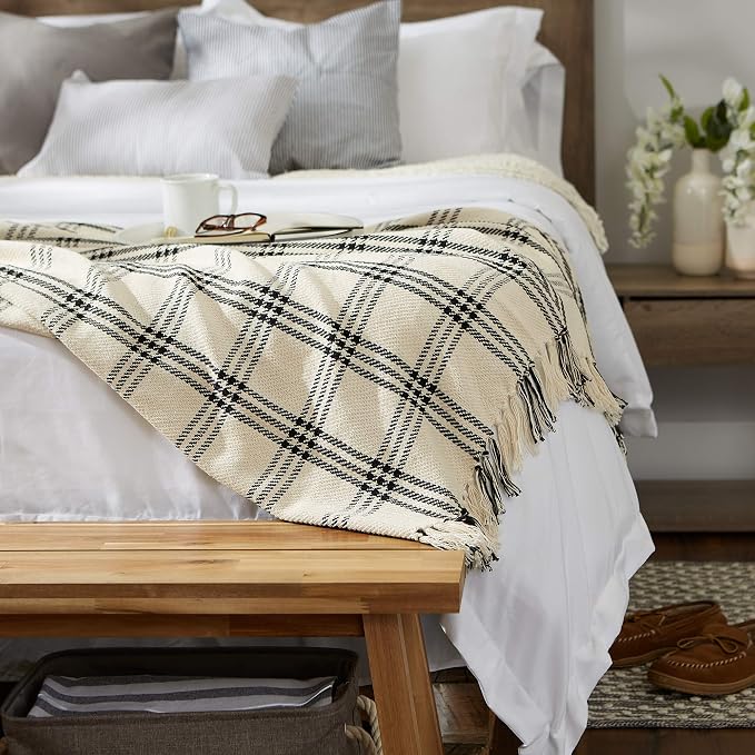 DII Modern Farmhouse Plaid Collection Cotton Fringe Throw Blanket, 50x60, White/Black