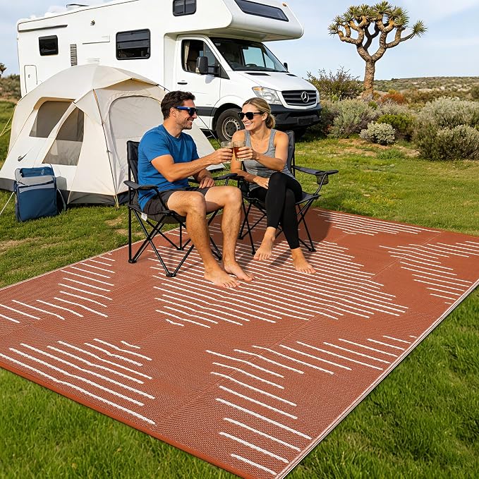 Garvee Area Rug 8x10 Waterproof Outdoor Rugs for Patio Plastic Reversible Rugs Easy-Cleaning Large Floor Mat for Outdoors Backyard Porch RV Beach Picnic Terracotta White