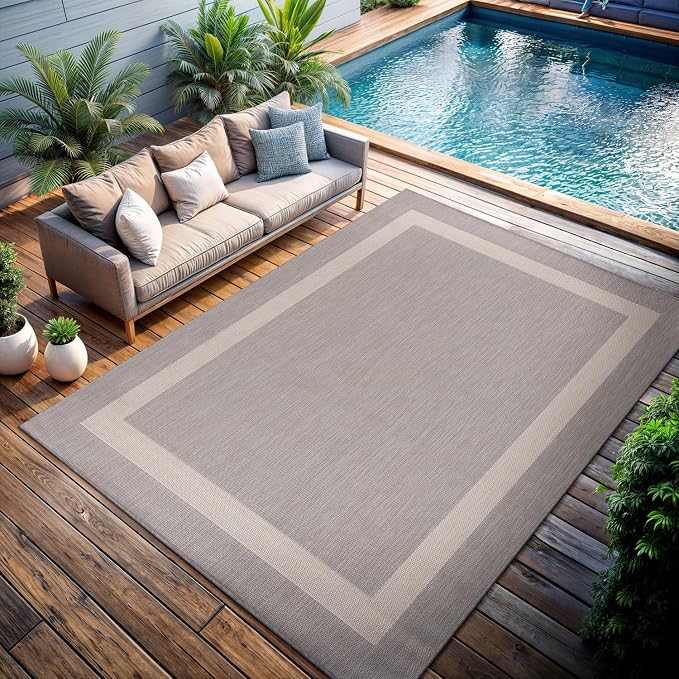 CAMILSON Outdoor Rug 6x9,Modern Outside Rugs for Patios Porches Waterproof Durable Washable Non-Shedding, Easy-to-Clean Indoor Outdoor Area Carpet (6 x 9, Bordered - Gray/White)