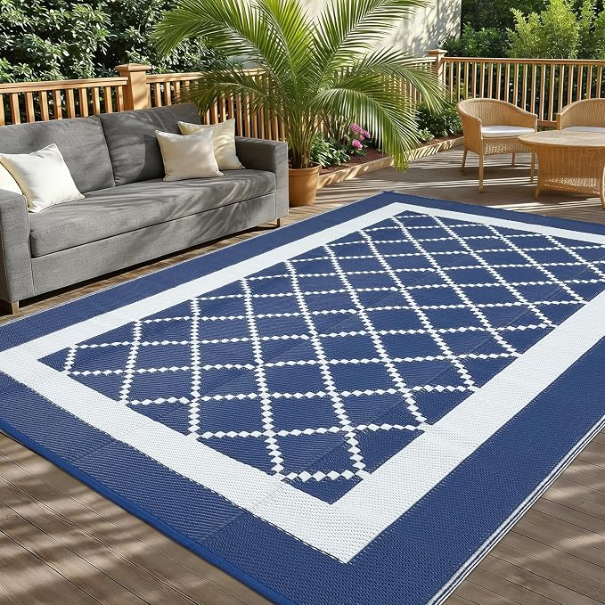 Outdoor Rug 8x10ft Waterproof Reversible Modern Geometric Plastic Straw Patio Carpet UV-Resistant Easy Clean Lightweight Collapsible Area Rug for Garden Deck RV Picnic Porch