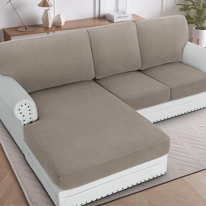 H.VERSAILTEX 2025 New Sectional Couch Covers 6 Pieces Stretch Sofa Covers for Sectional Sofa Set Separate L Shaped Couch Cover for Both Left/Right Couch (Seat and Back: 1 Chaise + 2 Sofa, Taupe)