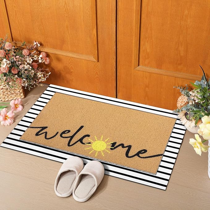Tinideya 2 Pcs Summer Layered Door Mats Set, Sun Welcome Coir Mats with Stripe Rug for Front Porch Entryway Decor
