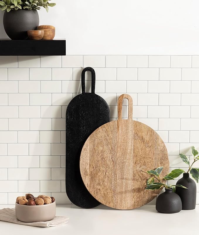 Kate and Laurel Staven Transitional Two-Piece Serving Boards Set; 7 x 22 and 14 x 18; Natural Brown and Black; Modern Food-Safe Charcuterie Boards with Solid Mango Construction