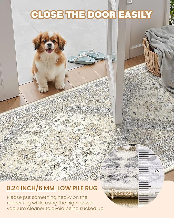 Entryway Rug - 2x3 Washable Rug Runner for Bathroom, Laundry Room, Kitchen, Soft Vintage Hallway Runner for Bedroom, Non-Slip Door Mat Indoor Entrance(Beige,2'x3')