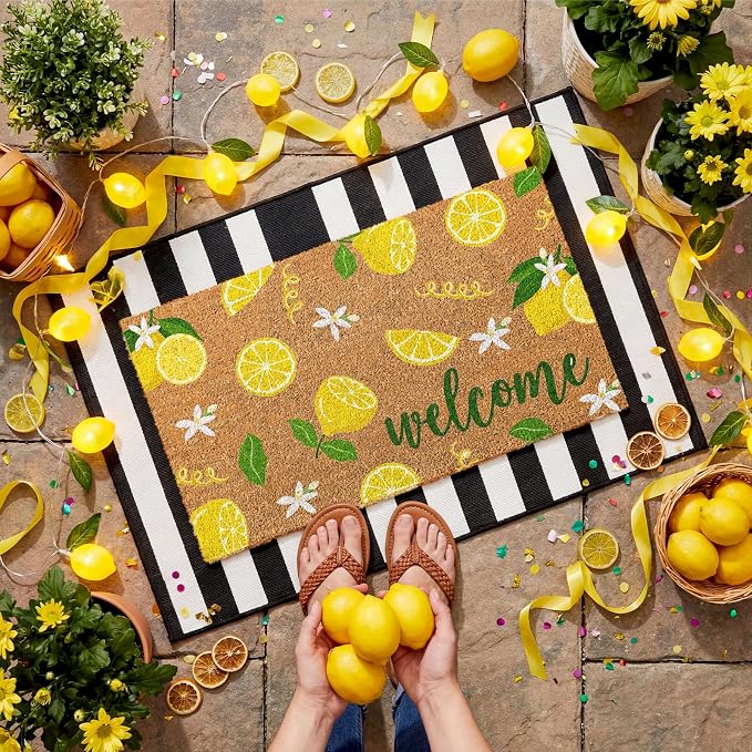 Moucuny 2 Pcs Lemon Coir Doormat Outdoor Summer Lemon Welcome Mats for Front Door 24'' x 35'' Black and White Striped Outdoor Rug 16'' x 28'' Layering Non Slip Summer Welcome Mat for Porch Front Decor