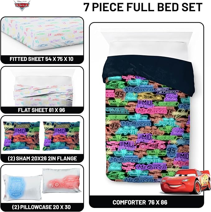 Disney Pixar Cars McQueen Full Size Comforter Set 7 Piece Bedding, Black | Racecar, Kids Bed in a Bag, Comforter Sheets Shams Pillowcases, Official Product, Microfiber, Machine Washable, Boys Gift