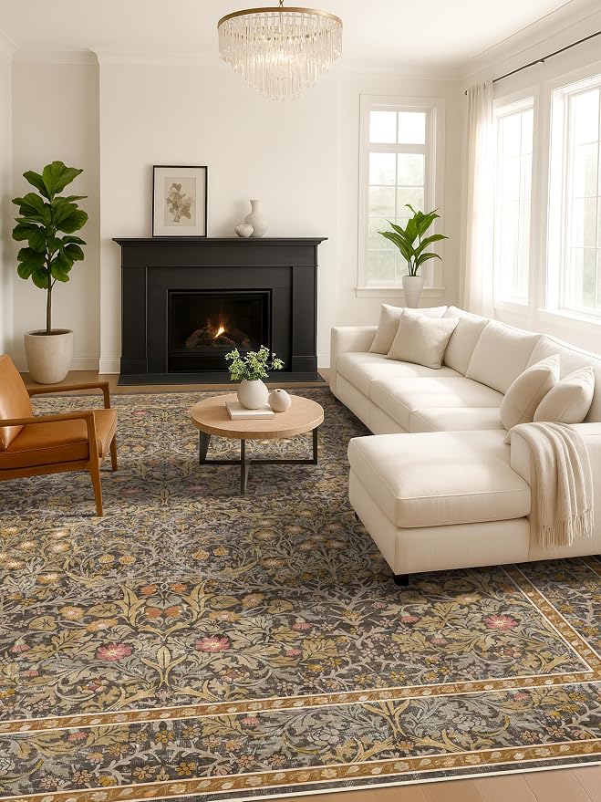 Boho 7x9 Brown Rug for Living Room - Washable Oriental Area Rug for Dining Room Under Kitchen Table, Non-Slip Floor Carpet for Bedroom Under Bed - Vintage Design & Stain Resistance