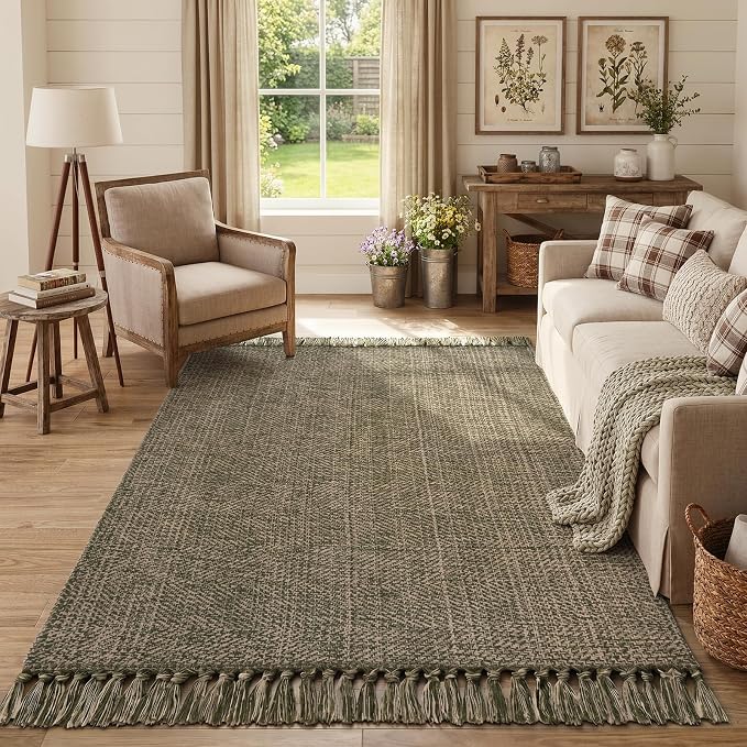 Collive 4' x 6' Moss Green Bedroom Area Rug, Modern Farmhouse Indoor Outdoor Rugs Boho Living Room Rug, Braided Comfy Bedside Mats Reversible Dining Room Carpet for Nursery Room Patio Decor