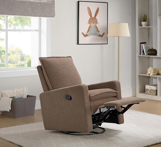Oxford Baby Uptown Upholstered Glider Recliner Rocking Chair 360° Swivel for Nursery and Living Room - Teddy Brown, Green Guard Gold Certified
