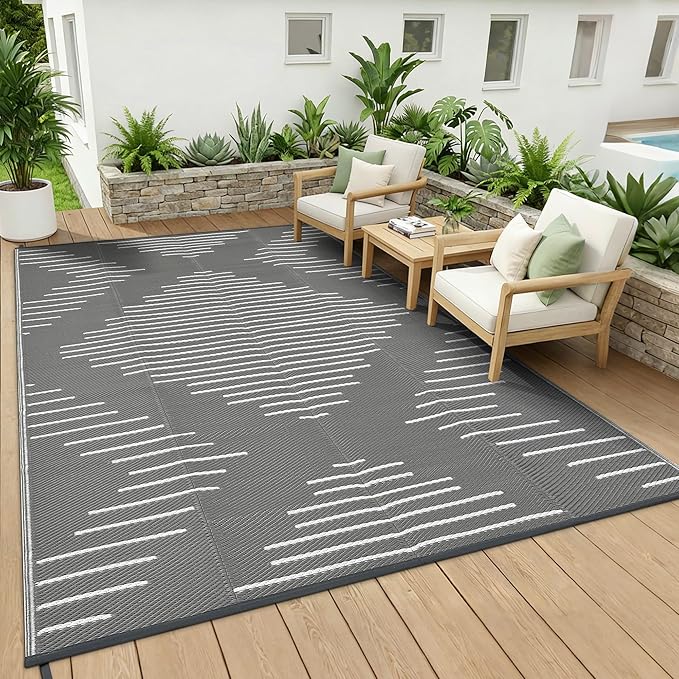 Garvee Area Rug 8x10 Waterproof Outdoor Rugs for Patio Plastic Reversible Rugs Easy-Cleaning Large Floor Mat for Outdoors Backyard Porch RV Beach Picnic Grey White