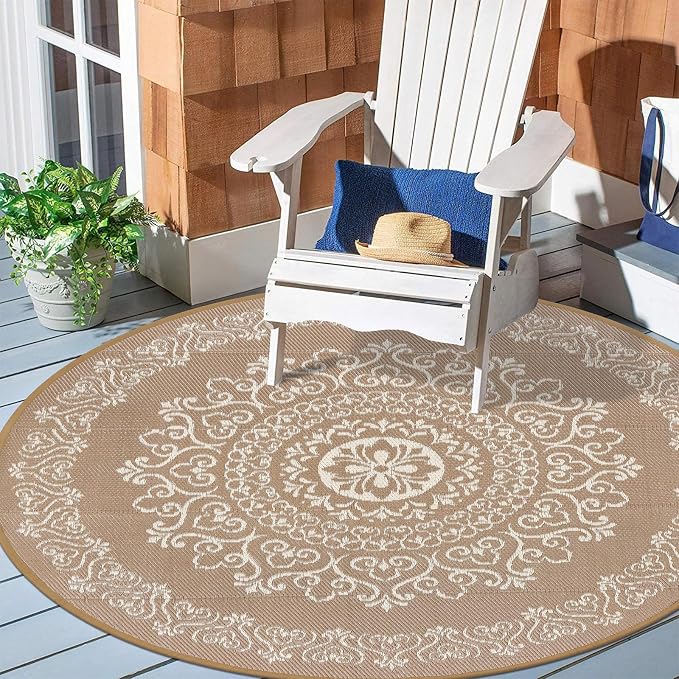 Pauwer Outdoor Rug 8ft, Waterproof Plastic Straw Camping Rug, Floral Brown | Reversible Patio Rug, UV Resistant Indoor Outdoor RV Mat Carpet For Deck, Camper, Porch, Balcony, Backyard, Picnic, Foldable