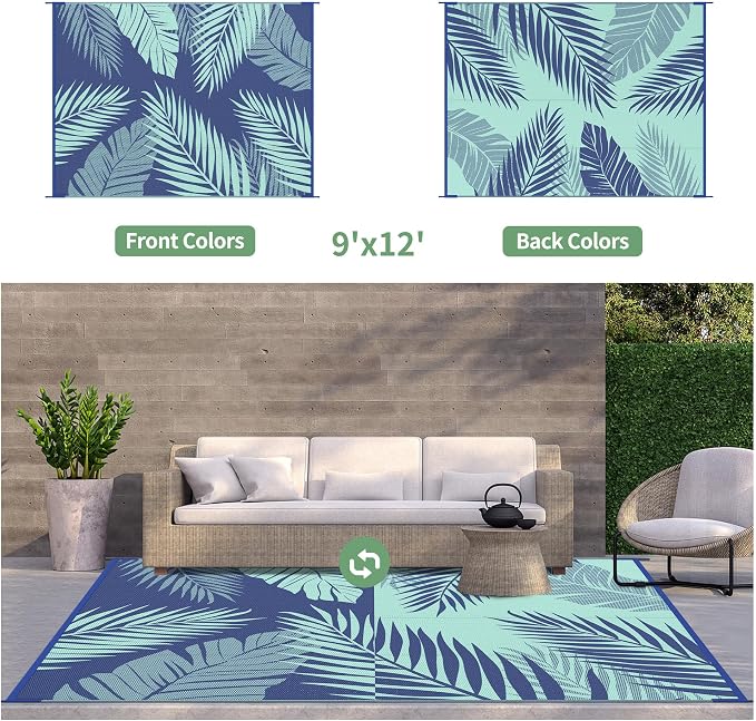 GENIMO Outdoor Rug, Waterproof Plastic Rugs for Patio, 9'x12' Navy Green | Outside Larger Leaf Carpet Mat for Porch Decor, Deck, Balcony, Camping, RV, Backyard, Picnic, Beach, Reversible, Foldable