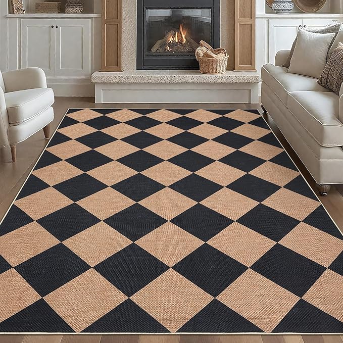 Garvee 6x9 Geometric Entryway Rugs Indoor, Easy Jute Washable Outdoor Patio Rugs with Non Slip Backing, Diamond Area Rugs for Living Room, Stain Resistant Mats for Bedroom Dining Room, Black/Brown