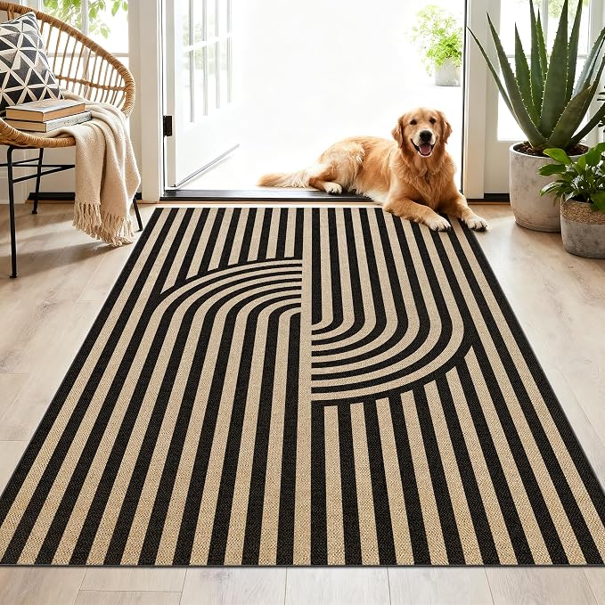 Washable Modern Easy Jute Rug 3x5, Black Outdoor Indoor Patio Abstract Geometric Neutral Small Rug, Woven Non Slip Thin Carpet Mat for Living Bedroom Entryway Front Door Farmhouse Doorway Kids