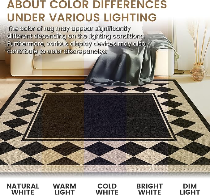 Washable Checkered Easy Jute Runner Rug 2x6, Black Checkerboard Geometric Outdoor Indoor Patio Bordered Rug, Woven Non Slip Thin Neutral Long Runner Carpet for Hallway Kitchen Entryway Porch