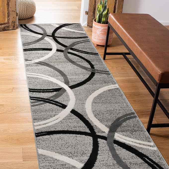 Rugshop Wavy Circles Jute Backing Living Room Runner Rug Gray 2'7" x 6' | Rectangular, Size 2'7" x 6', Bedroom, Dining Room, Home Office, Kitchen, Entryway, Hallway, Nursery, Kids Room, Guest Room