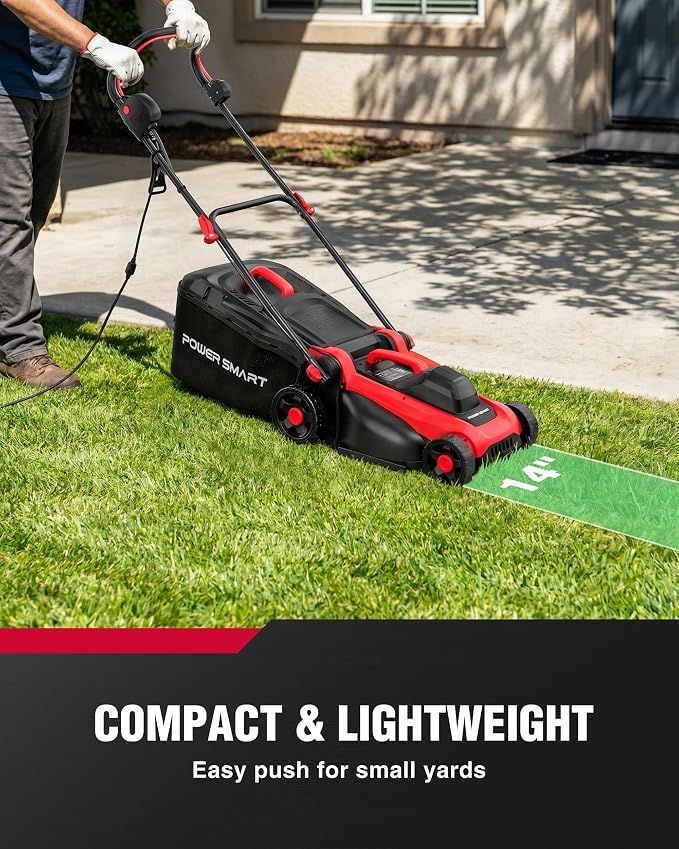 PowerSmart Corded Electric Lawn Mower, 14 Inch, 12.5 Amp, Ergonomic Design | Large Capacity Grass Catcher, Lightweight, 6-Position Height Adjustment, 2-in-1 Mulch & Bag