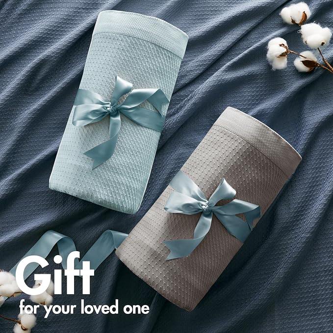 Madison Park 100% Egyptian Cotton Twin Size Bed Blanket for Summer Blue | Cozy Soft Breathable Durable, Waffle Weave Woven Casual, Lightweight Knit All Season Throw for Bed Couch or Sofa, OEKO TEX