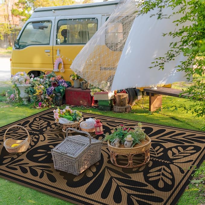 GENIMO Outdoor Rug, Waterproof Plastic Rugs for Patio, 5'x8' Black | Outside Larger Leaf Carpet Mat for Porch Decor, Deck, Balcony, Camping, RV, Backyard, Picnic, Beach, Reversible, Foldable