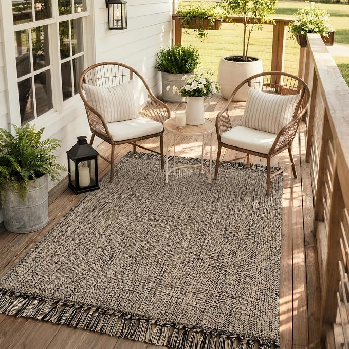 Collive 4' x 6' Bedroom Area Rug, Modern Farmhouse Indoor Outdoor Rugs Boho Living Room Rug, Natural/Black Hand Woven Comfy Bedside Mats Reversible Dining Room Carpet for Nursery Room Patio Decor