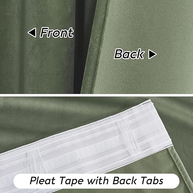 RYB HOME Sage Green Velvet Curtains 102 inches with Hook Belt, Soft Fabric Room Darkening Thermal Insulated Luxurious Home Decor Curtains for Living Room Bedroom, W 52" x L 102", 2 Panels Set