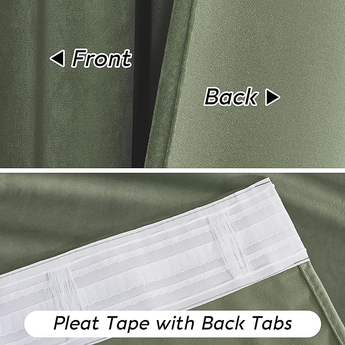 RYB HOME Sage Green Velvet Curtains 92 inches with Hook Belt, Soft Fabric Room Darkening Thermal Insulated Luxurious Home Decor Curtains for Living Room Bedroom, W 52" x L 92", 2 Panels Set