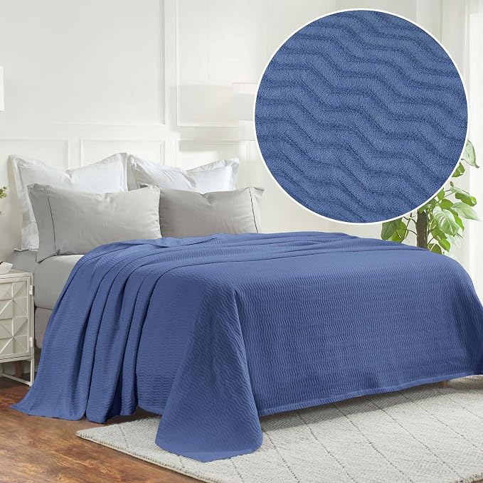 Superior JENA Cotton Blanket, for Picnic, Beach, Traveling or Camping, Bedroom Decor, Essentials, Cover for Bed, Couch, Lounging, Textured Jacquard, Modern Chevron Woven Blanket, Throw, Merritt Blue