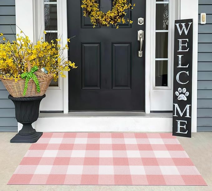 Pink and White Outdoor Rug 27.5''x 43.3''Buffalo Plaid Layered Doormat Woven Machine Washable Farmhouse Door Mats Outdoor for Hello/Welcome Mat,Entryway,Bedroom,Patio