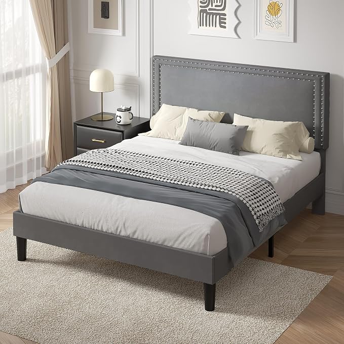 VECELO Queen Size Platform Bed Frame with Height Adjustable Upholstered Headboard, Modern Mattress Foundation,Strong Wood Slat Support, No Box Spring Needed, Easy Assembly,Dark Grey