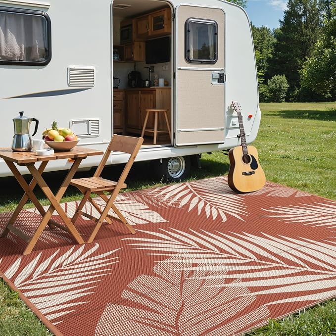 GENIMO Outdoor Rug, Waterproof Plastic Rugs for Patio, 8'x10' Brick Red | Outside Larger Leaf Carpet Mat for Porch Decor, Deck, Balcony, Camping, RV, Backyard, Picnic, Beach, Reversible, Foldable