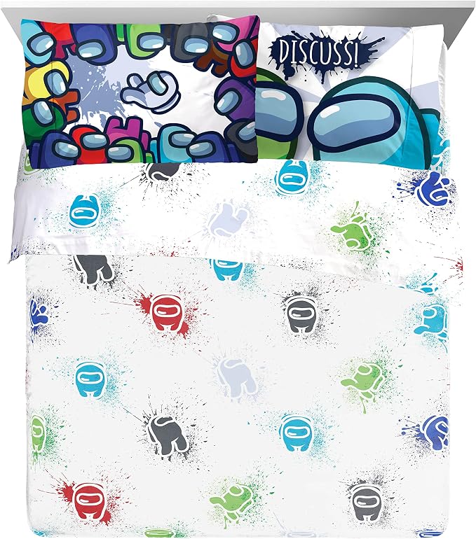 Among Us Queen Comforter Set 5 Piece Kids Video Game Bedding, Multi | Bed in a Bag, Comforter Sheets Pillowcases, Official Product, Soft Microfiber, Machine Washable, Easy Care, Kids Gift