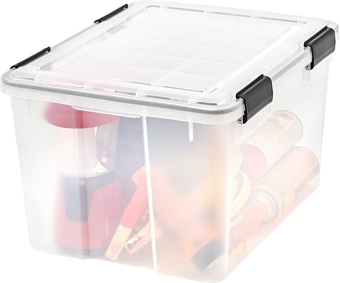 IRIS USA 46 Quart WEATHERPRO Plastic Storage Box with Durable Lid and Seal and Secure Latching Buckles, Clear with Black Buckles, 1 Pack