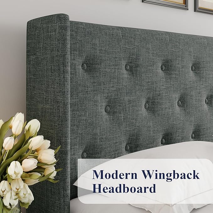 Allewie King Size Lift Up Storage Button-Tufted Bed Frame Dark Grey | Modern Wingback Headboard, Hydraulic Support Storage, No Box Spring Needed