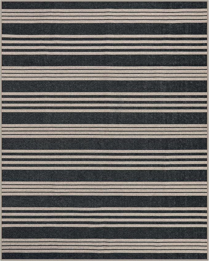 Lahome Striped Easy Jute Living Room Rug, 8x10 Outdoor Patio Rugs Washable | Black Indoor Dining Room Area Rug, Modern Farmhouse Geometric Non Slip Non Shedding Carpet for Deck Office Backyard Mudroom