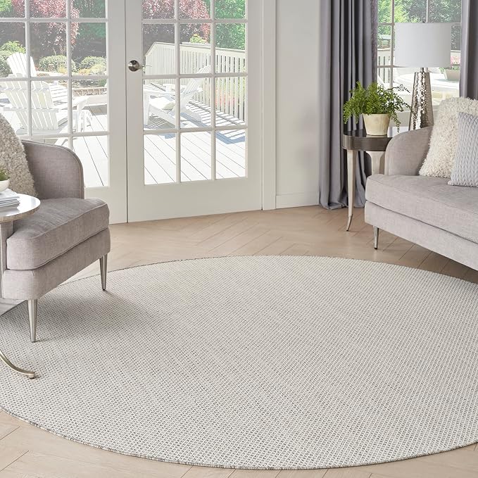 Nourison Home Courtyard Ivory Silver 6' x Round Area Rug - Easy Clean, Non Shedding, Bed Room, Living Room, Dining Room, Kitchen (6' x Round)