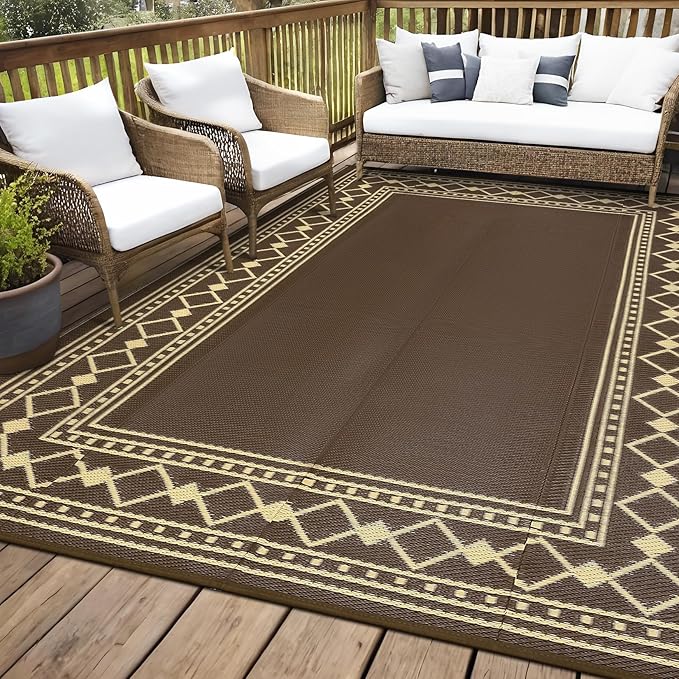 Large Outdoor Rug – Waterproof Reversible Plastic Straw Mat, Lightweight Patio Carpet, Modern Edgeed – 10x14ft, Peony Brown/Coffee – Specification