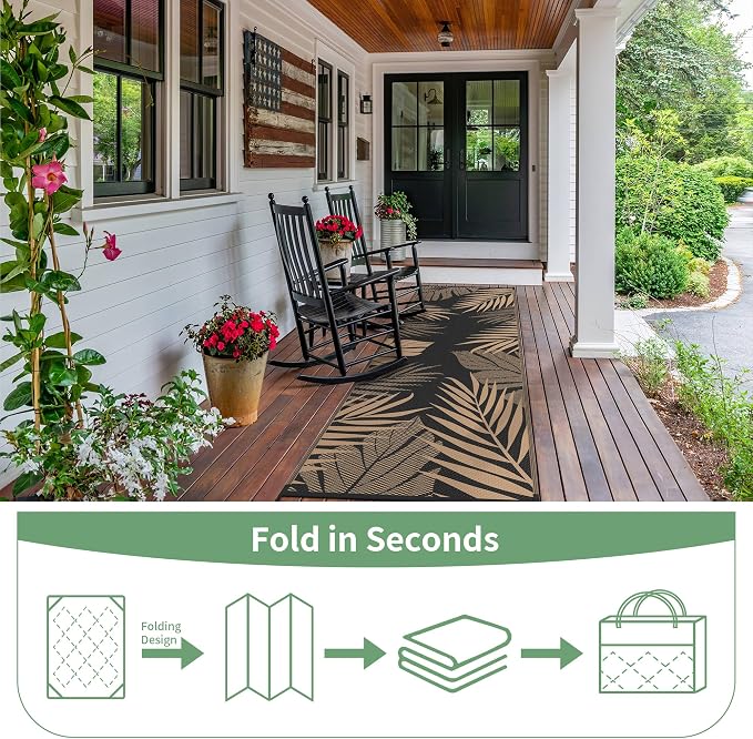 GENIMO Outdoor Rug, Waterproof Plastic Runner Rugs, 2.5'x8' Black Brown | Outside Leaf Carpet Mat for Patio Decor, Porch, Deck, Balcony, Camping, RV, Picnic, Beach, Reversible, Foldable, Lightweight