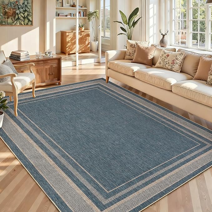 GarveeHome Easy Jute Rug 8x10 Washable Non Slip Solid Blue Living Room Rugs | Modern Easy Jute Living Room Rugs Neutral Bordered Stain Resistant Indoor Throw Carpet for Nursery Kitchen Entryway, Blue