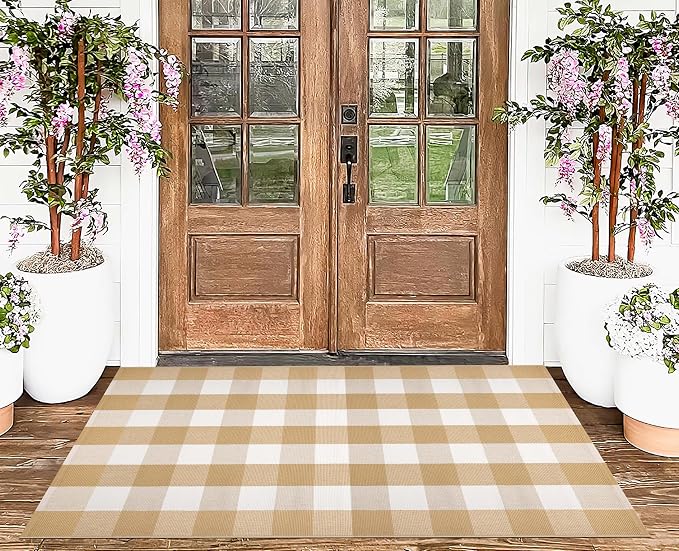 Khaki and White Outdoor Rug 3'x5', Outdoor Porch Rug Cotton Woven Washable Farmhouse Indoor Outdoor Doormat for Front Porch Hello Welcome Layered/Entryway/Bedroom/Living Room/Patio