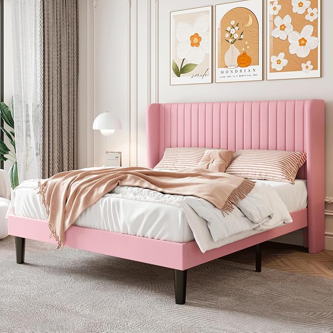 SHA CERLIN Full Size Velvet Bed Frame, Tufted Wingback Headboard, Pink | 47'' Modern Vertical Channel Headboard, Upholstered Platform Bed, Wood Slats, No Box Spring Needed, Easy Assembly, Noise Free