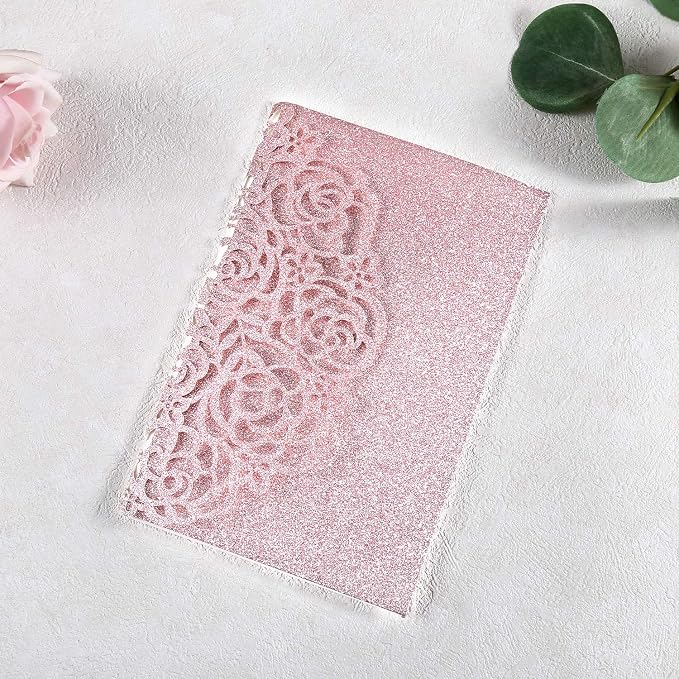 50PCS Personalized Rose Gold Quinceanera Invitation Cards | 4.7x7 inch, Laser Cut Hollow Rose Pocket, Miss XV, Sweet 16, 18th Birthday, Quince Invite, with Envelopes